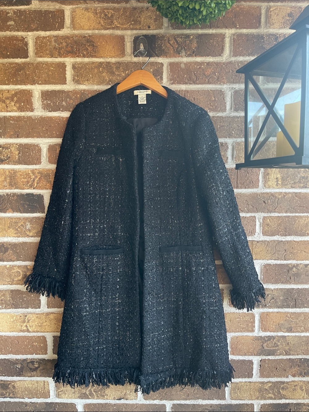 Vertigo Paris Black Tweed Fringe Boucle Blazer Wool Blend Coat Jacket Sz M